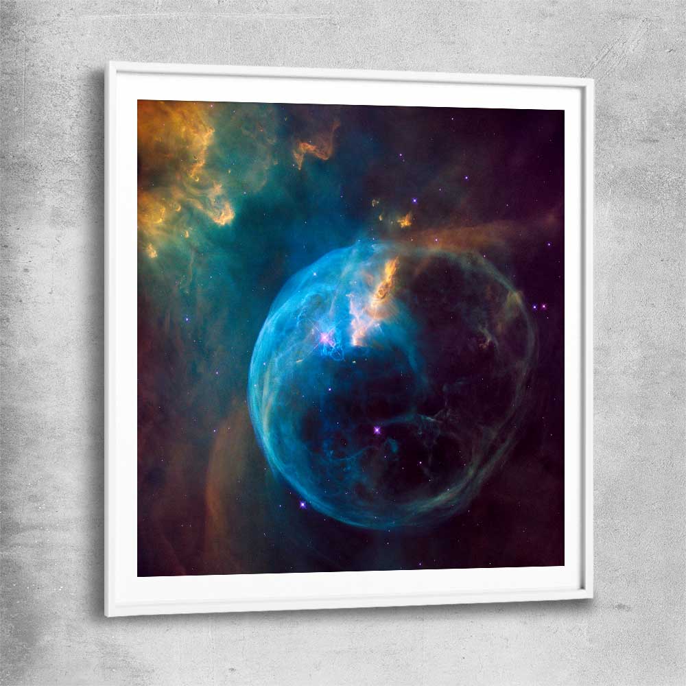 Space prints and wall art of Bubble Nebula with white glass front frame