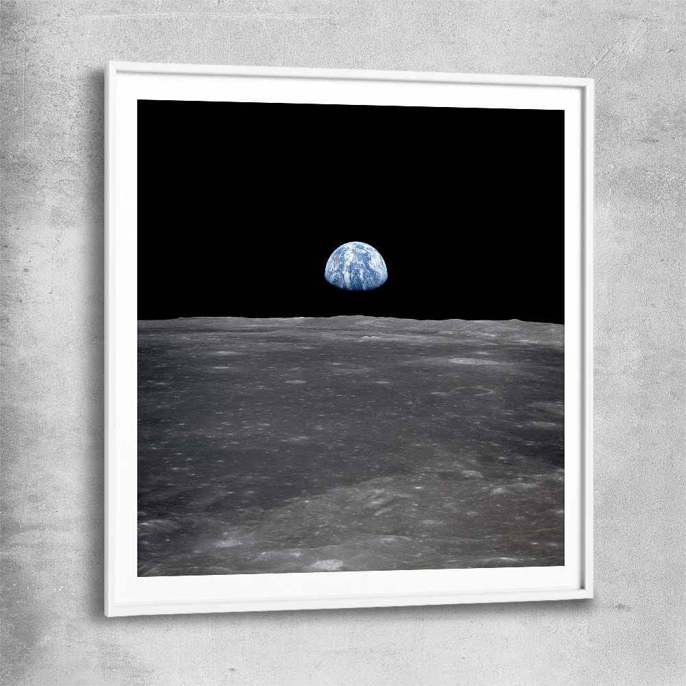 Space prints and wall art of Earthrise with white glass front frame