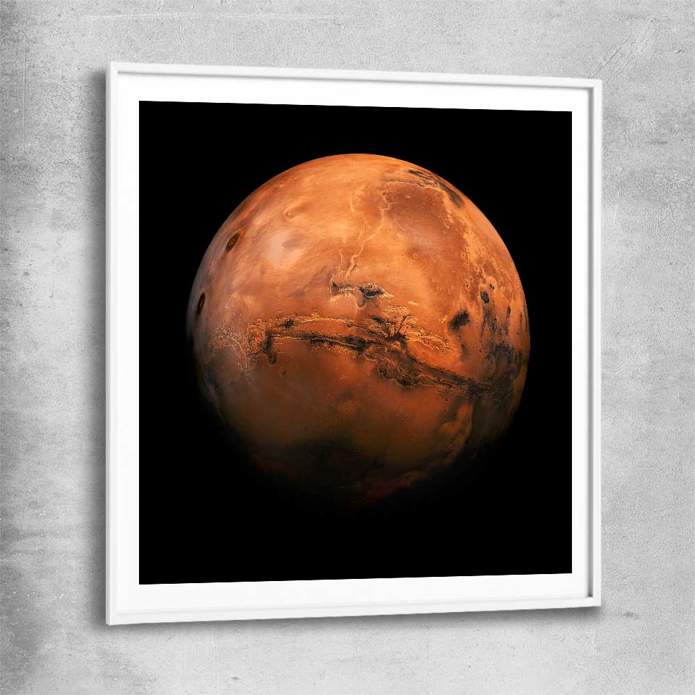 Space prints and wall art of Mars Hemisphere with white glass front frame