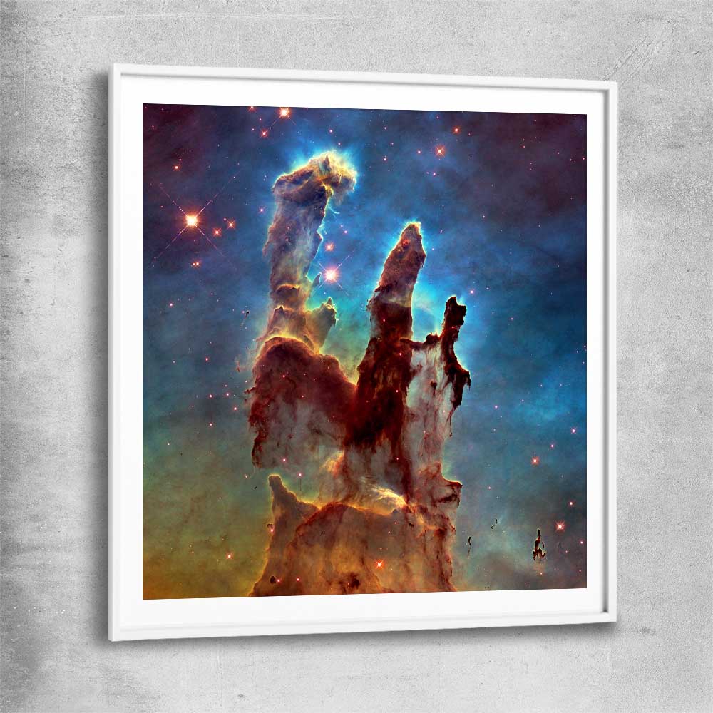 Space prints and wall art of Pillars of Creation with white glass front frame