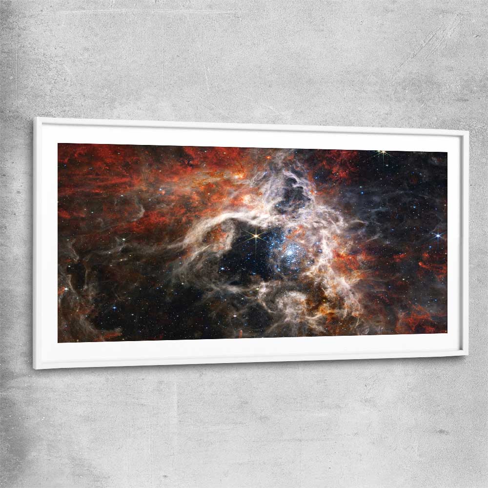 Space prints and wall art of Tarantula Nebula with white glass front frame