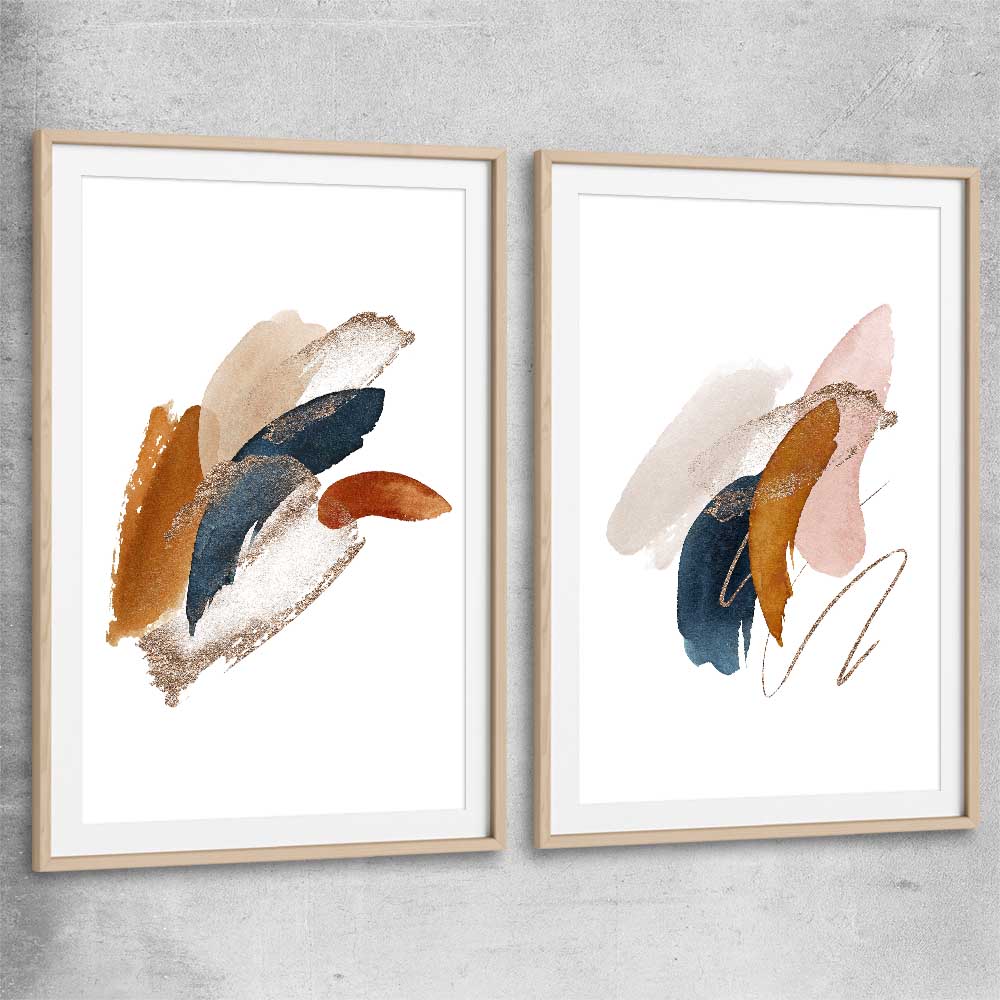 Abstract Strokes Pair raw oak glass front frame - part of our high quality canvas abstract wall art collection