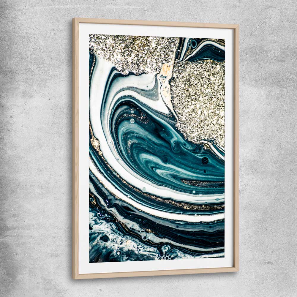 Aqua Swirls raw oak glass front frame - part of our high quality canvas abstract wall art collection