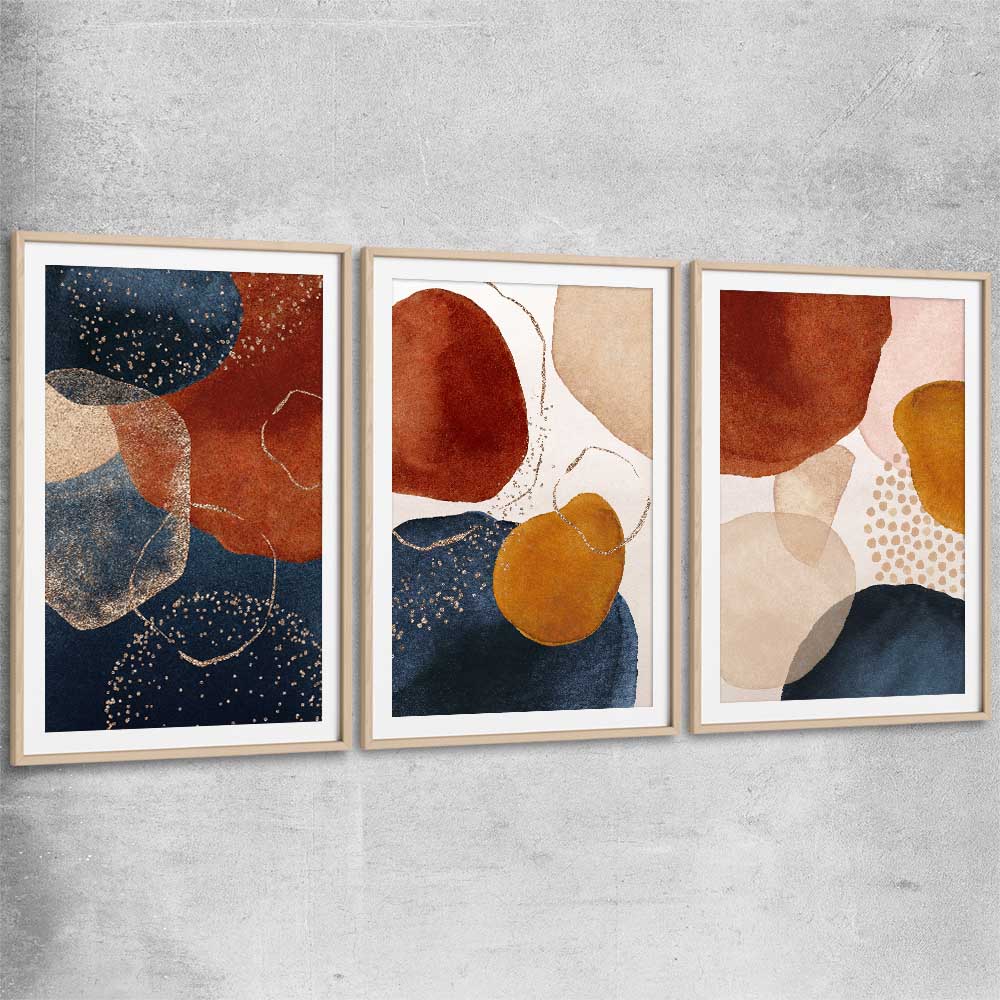 Beige Navy Set raw oak glass front frame - part of our high quality canvas abstract wall art collection