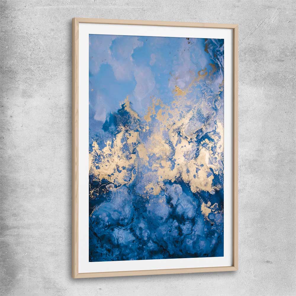 Blue and Gold Flow raw oak glass front frame - part of our high quality canvas abstract wall art collection