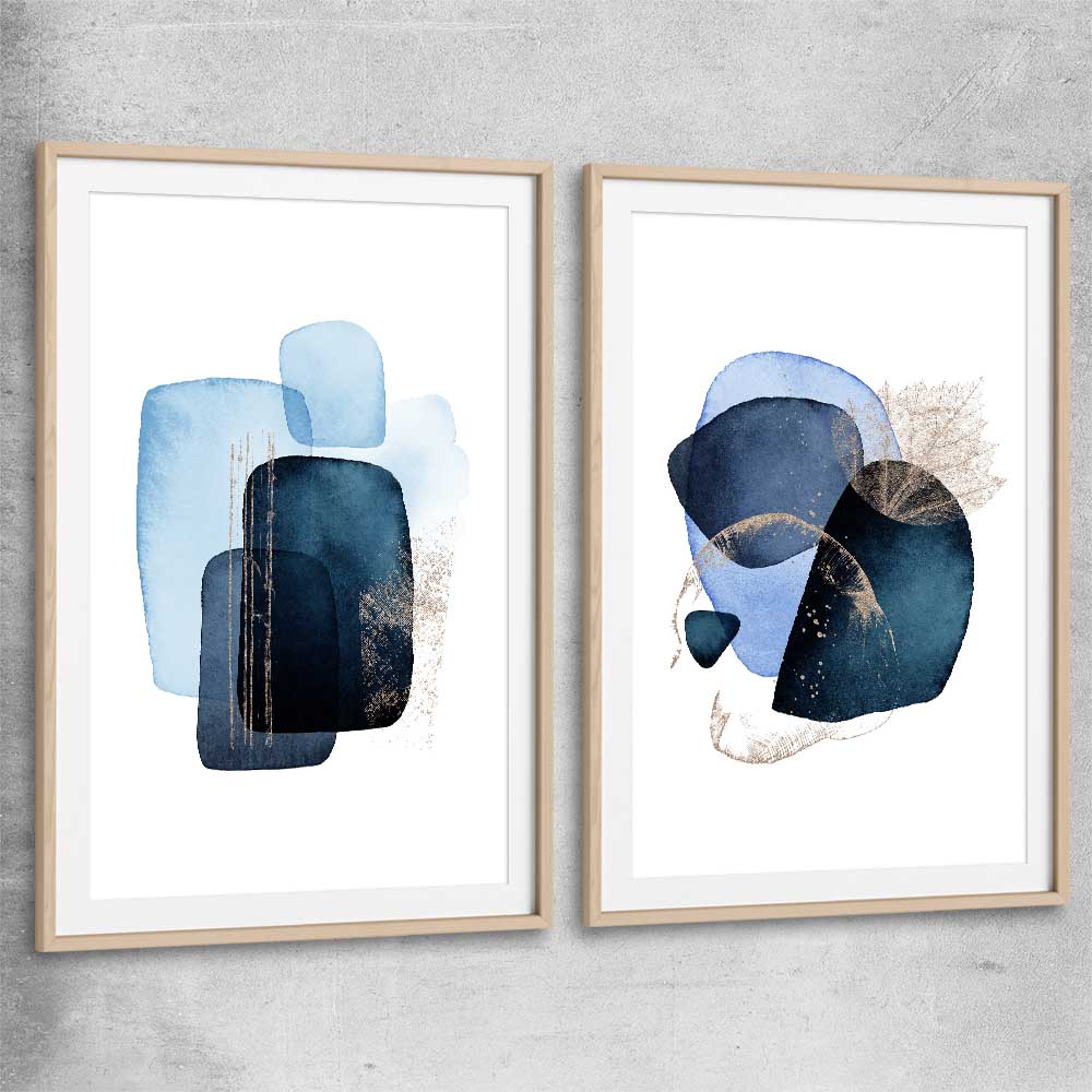 Blue Ivory Pair raw oak glass front frame - part of our high quality canvas abstract wall art collection
