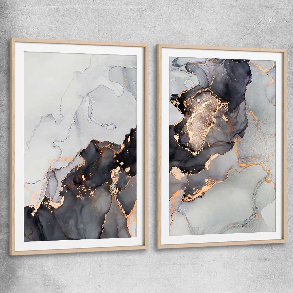 Darkened Gold Pair raw oak glass front frame - part of our high quality canvas abstract wall art collection