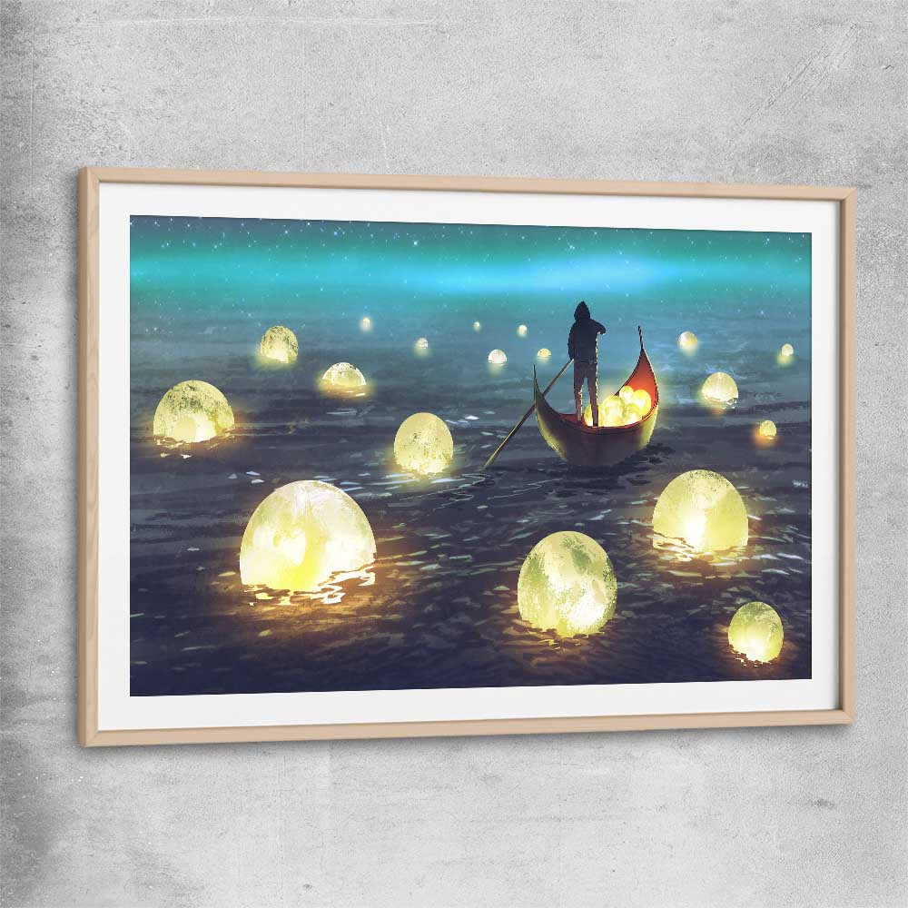 Glowing Moons raw oak glass front frame - part of our high quality canvas abstract wall art collection