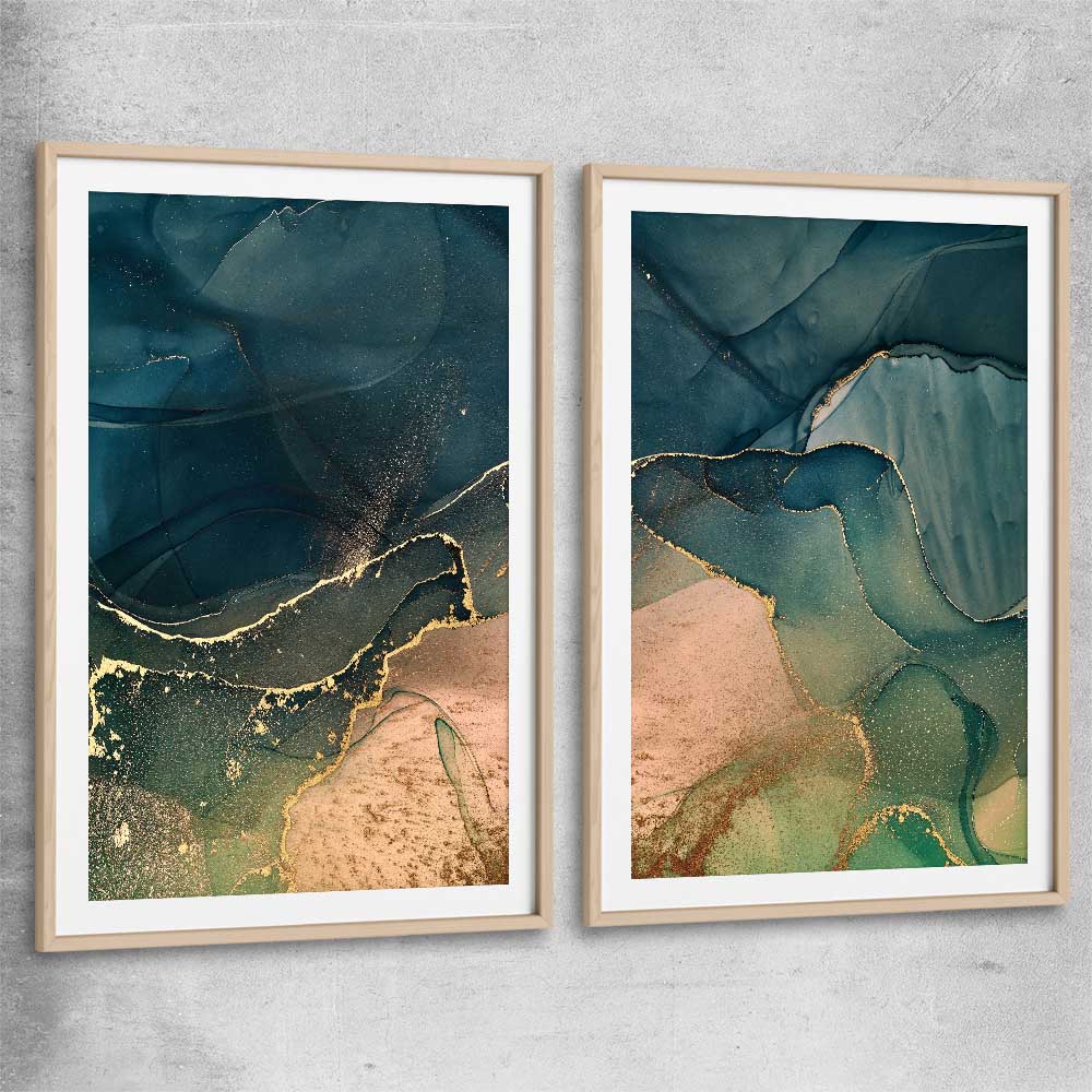 Golden Mist Pair raw oak glass front frame - part of our high quality canvas abstract wall art collection