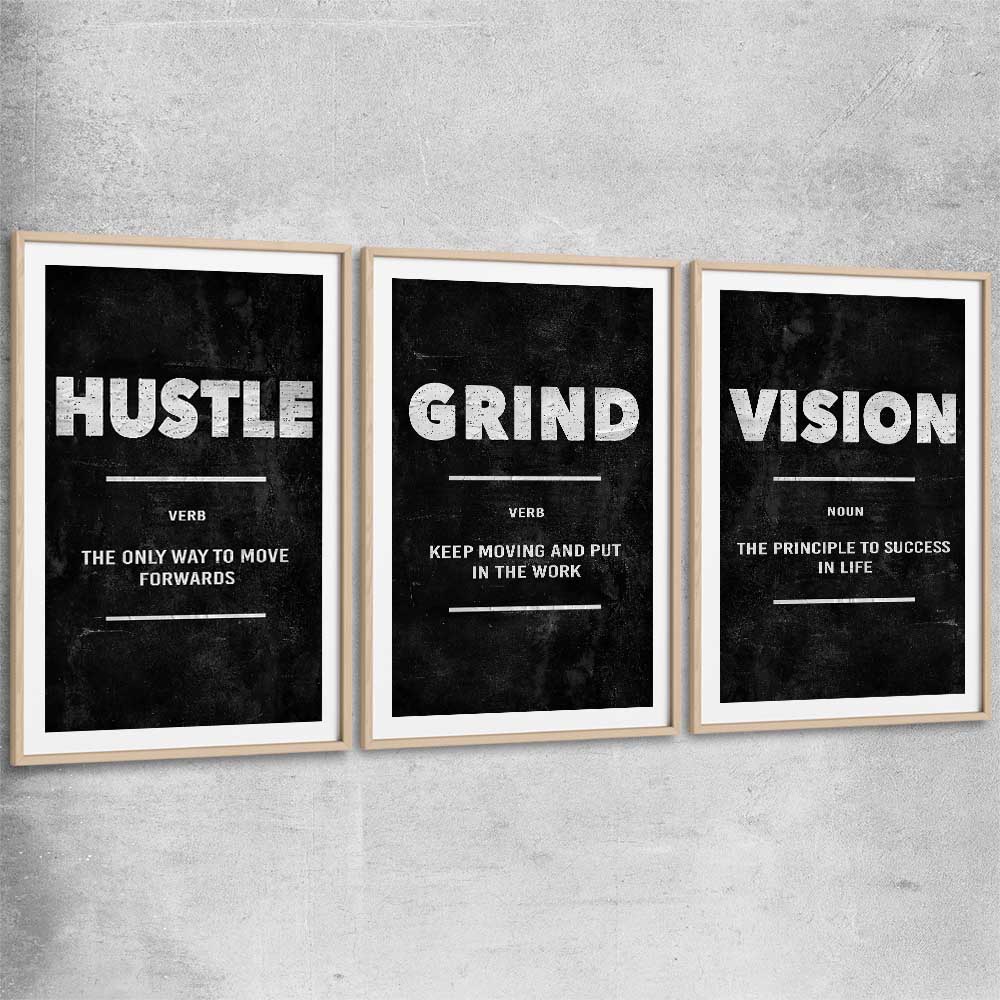 Inspirational wall art print of Hustle Definition Set with raw oak glass front frame