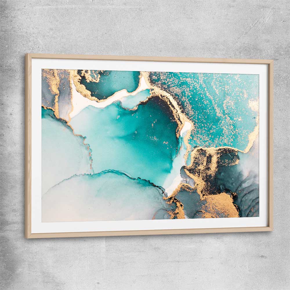 Meandering Turquoise raw oak glass front frame - part of our high quality canvas abstract wall art collection