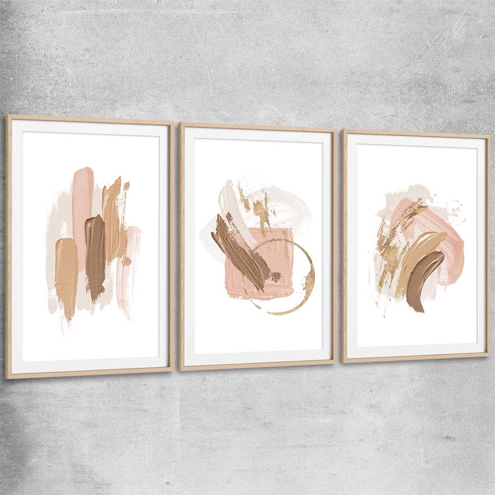 Neutral Strokes Set raw oak glass front frame - part of our high quality canvas abstract wall art collection