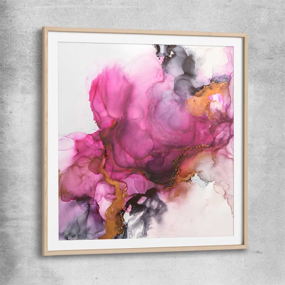 Pink Burst raw oak glass front frame - part of our high quality canvas abstract wall art collection