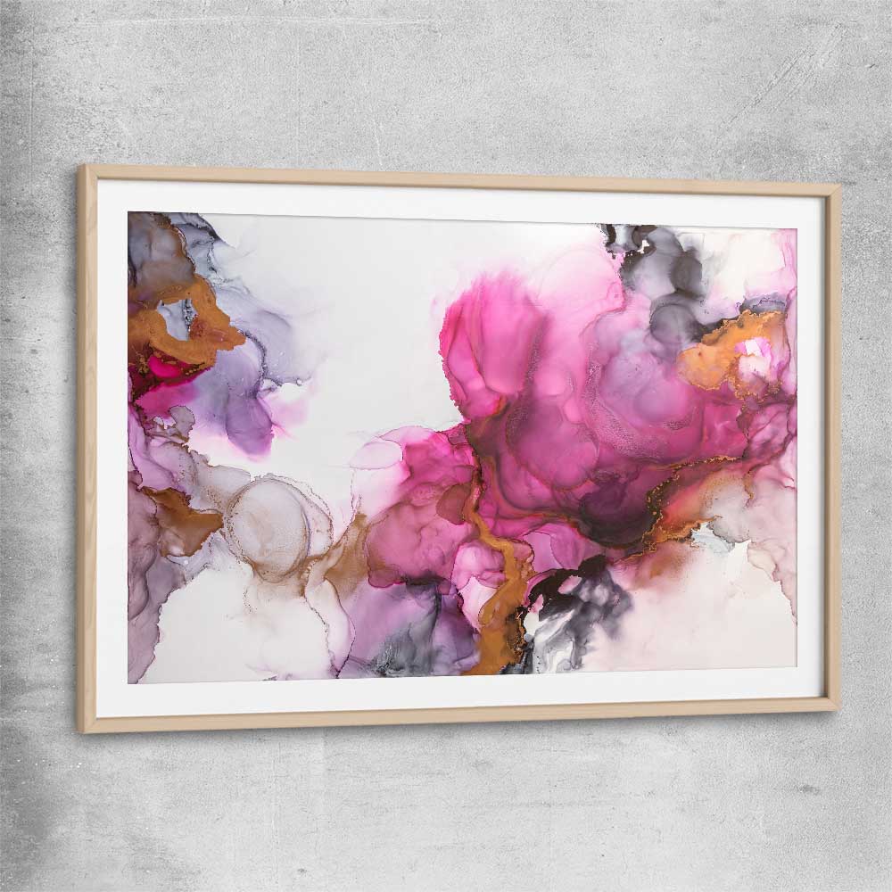Pink Clouds raw oak glass front frame - part of our high quality canvas abstract wall art collection