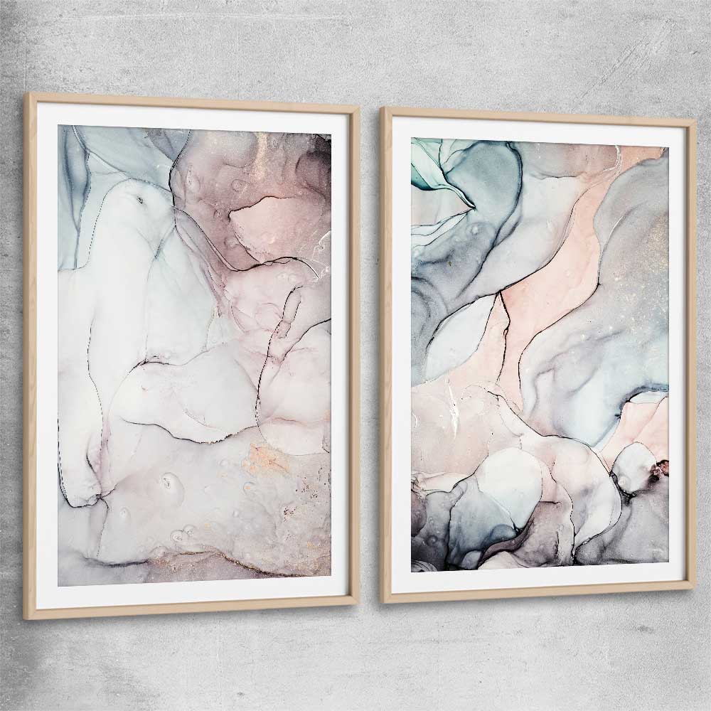 Subtle Pink Pair raw oak glass front frame - part of our high quality canvas abstract wall art collection