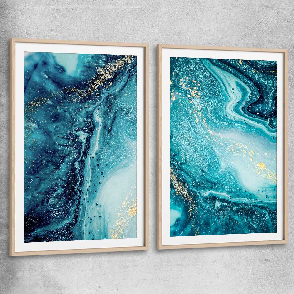 Turquoise Ocean Pair raw oak glass front frame - part of our high quality canvas abstract wall art collection