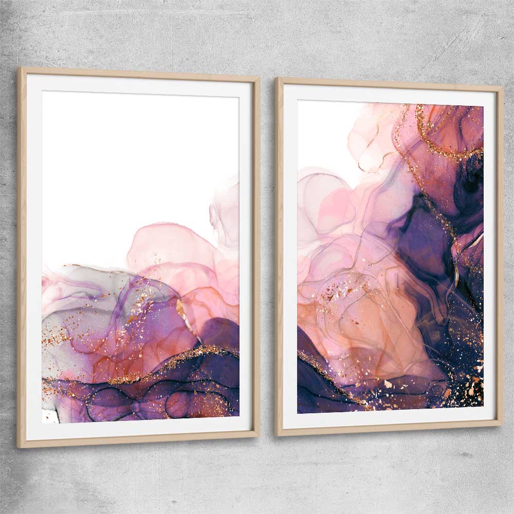 Violet Haze Pair raw oak glass front frame - part of our high quality canvas abstract wall art collection