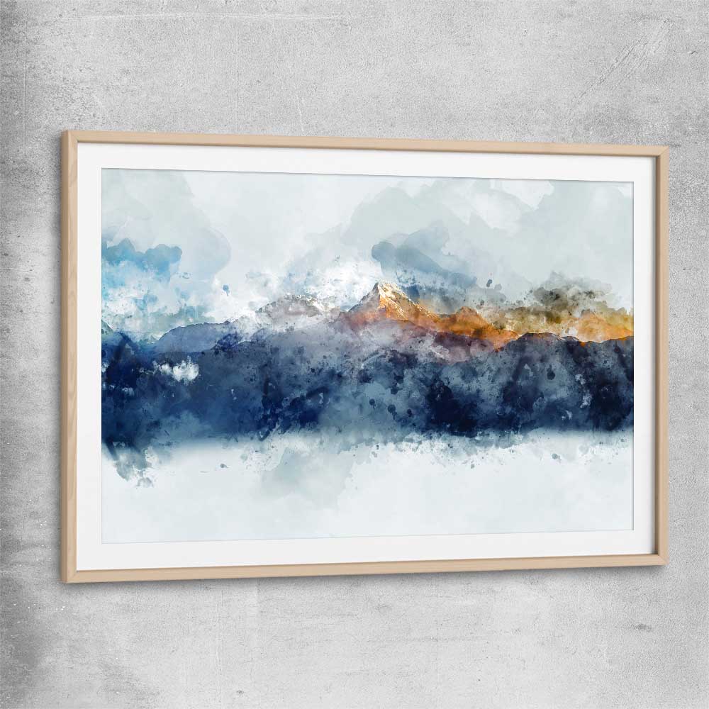 Watercolour Mountains raw oak glass front frame - part of our high quality canvas abstract wall art collection