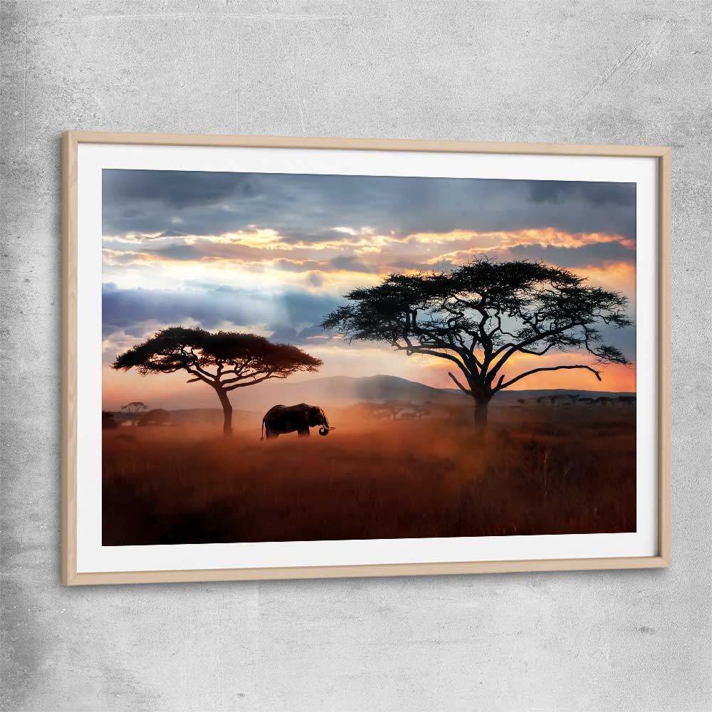 Animal wall art and canvas prints of Golden Savannah Journey with raw oak glass front frame