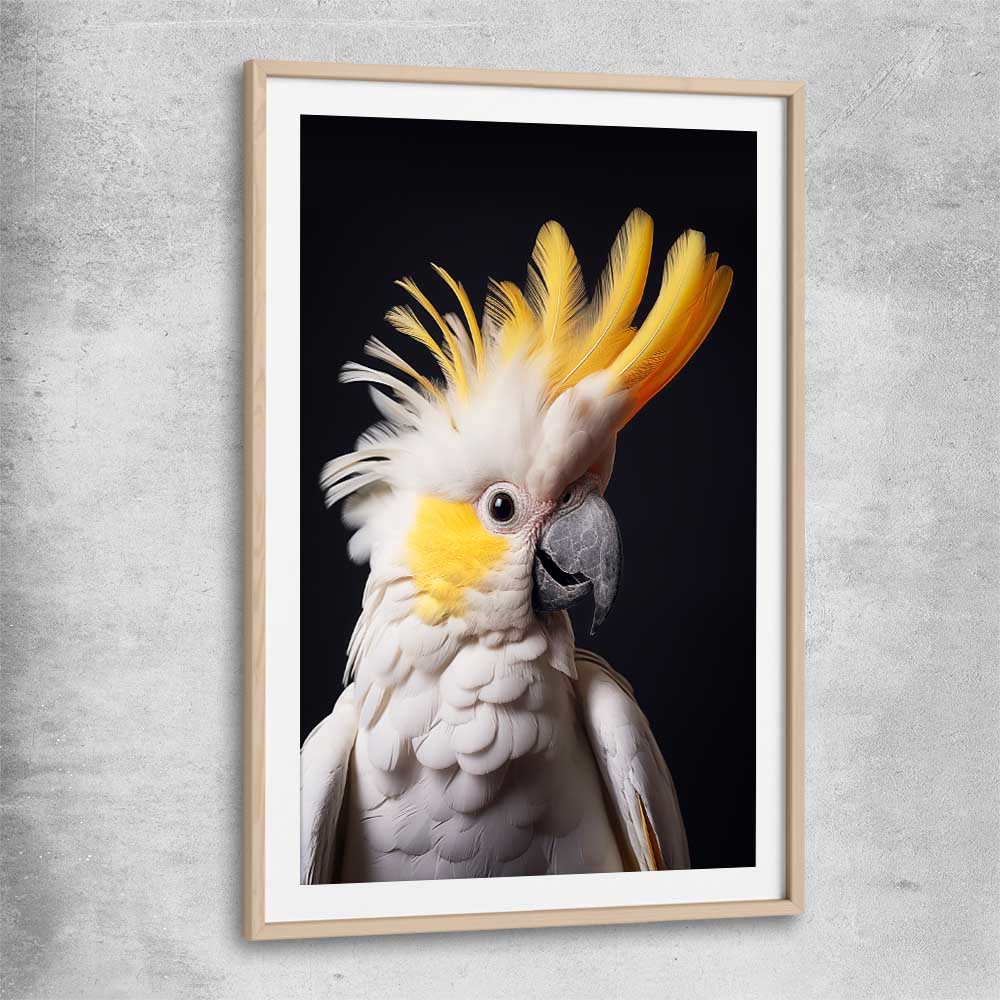 Animal wall art and canvas prints of Yellow Cockatoo One with raw oak glass front frame