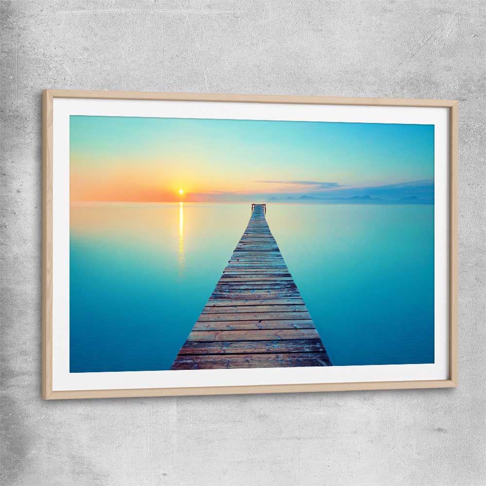 Beach and coastal wall art print of Endless Ocean Pier with raw oak glass front frame