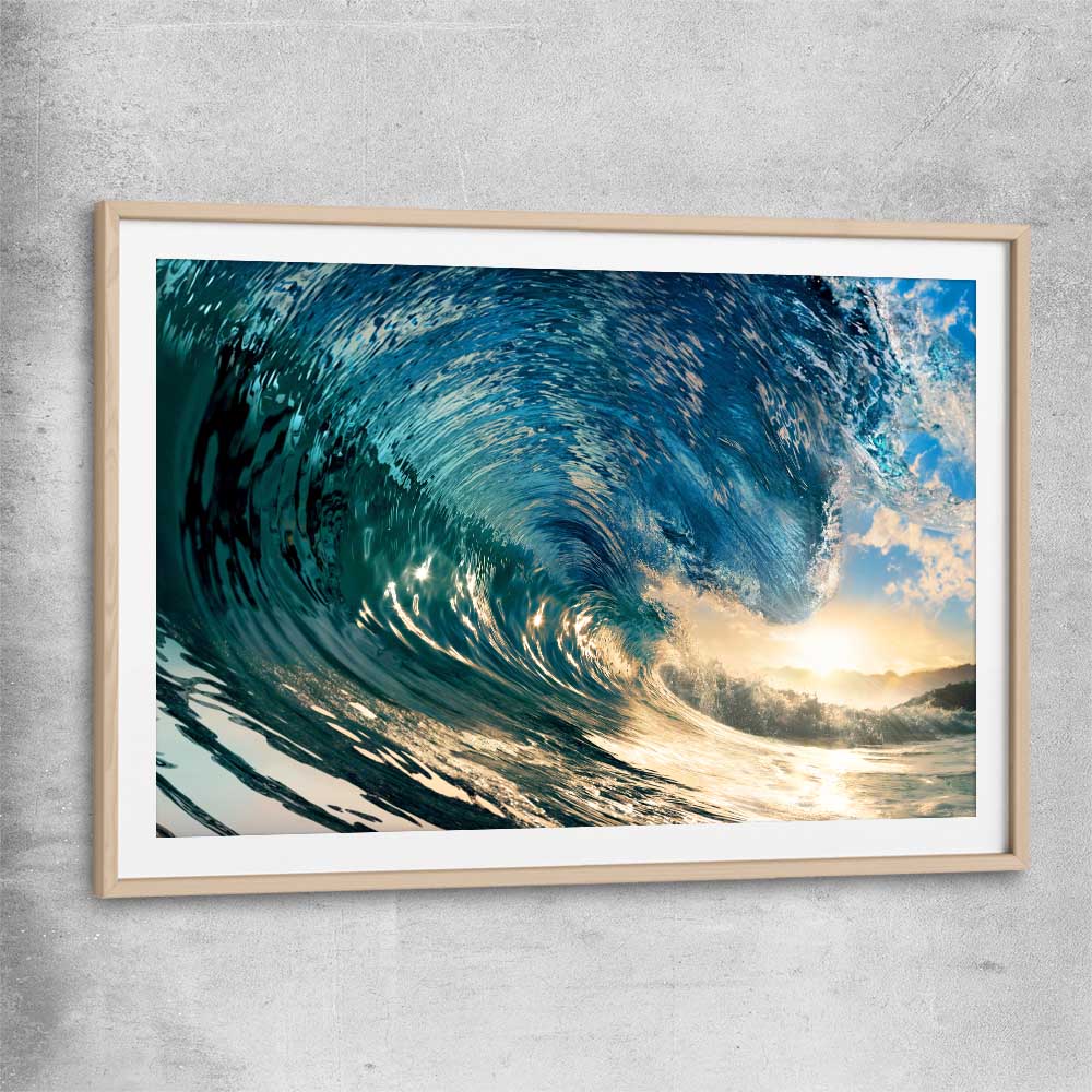 Beach and coastal wall art print of Golden Barrel Wave with raw oak glass front frame