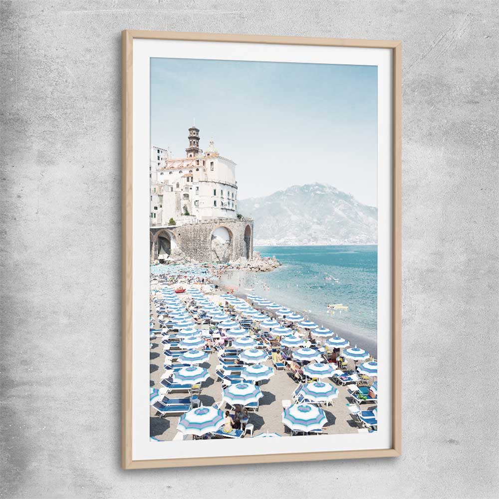 Beach and coastal wall art print of Amalfi Coast with raw oak glass front frame