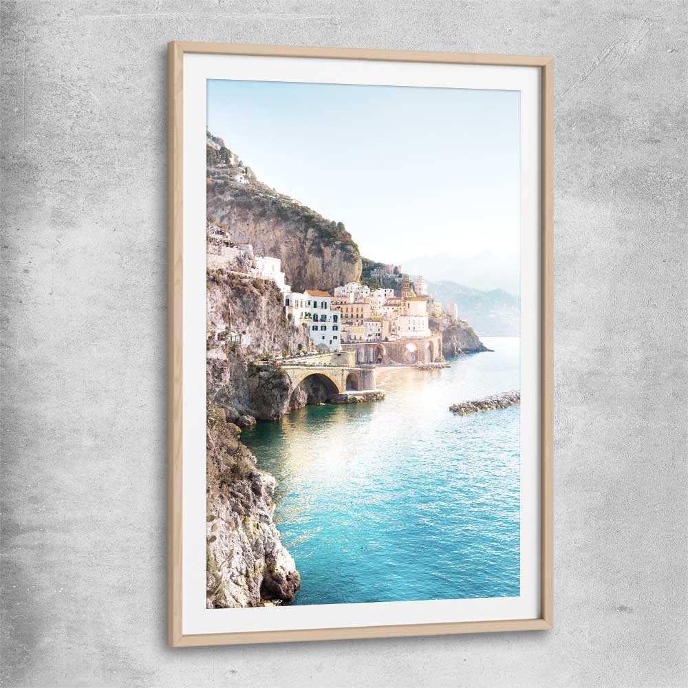 Beach and coastal wall art print of Amalfi Edge with raw oak glass front frame