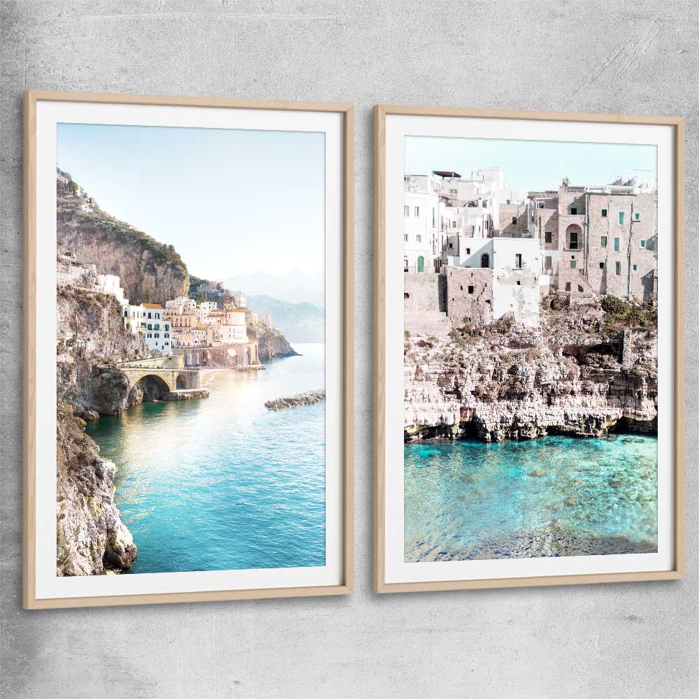 Beach and coastal wall art print of Amalfi Edge Pair with raw oak glass front frame