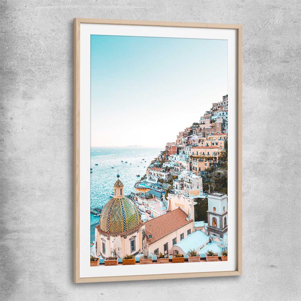 Beach and coastal wall art print of Amalfi View with raw oak glass front frame