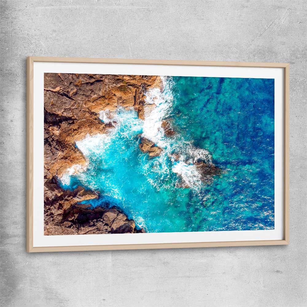 Beach and coastal wall art print of Azure Blue Sea with raw oak glass front frame