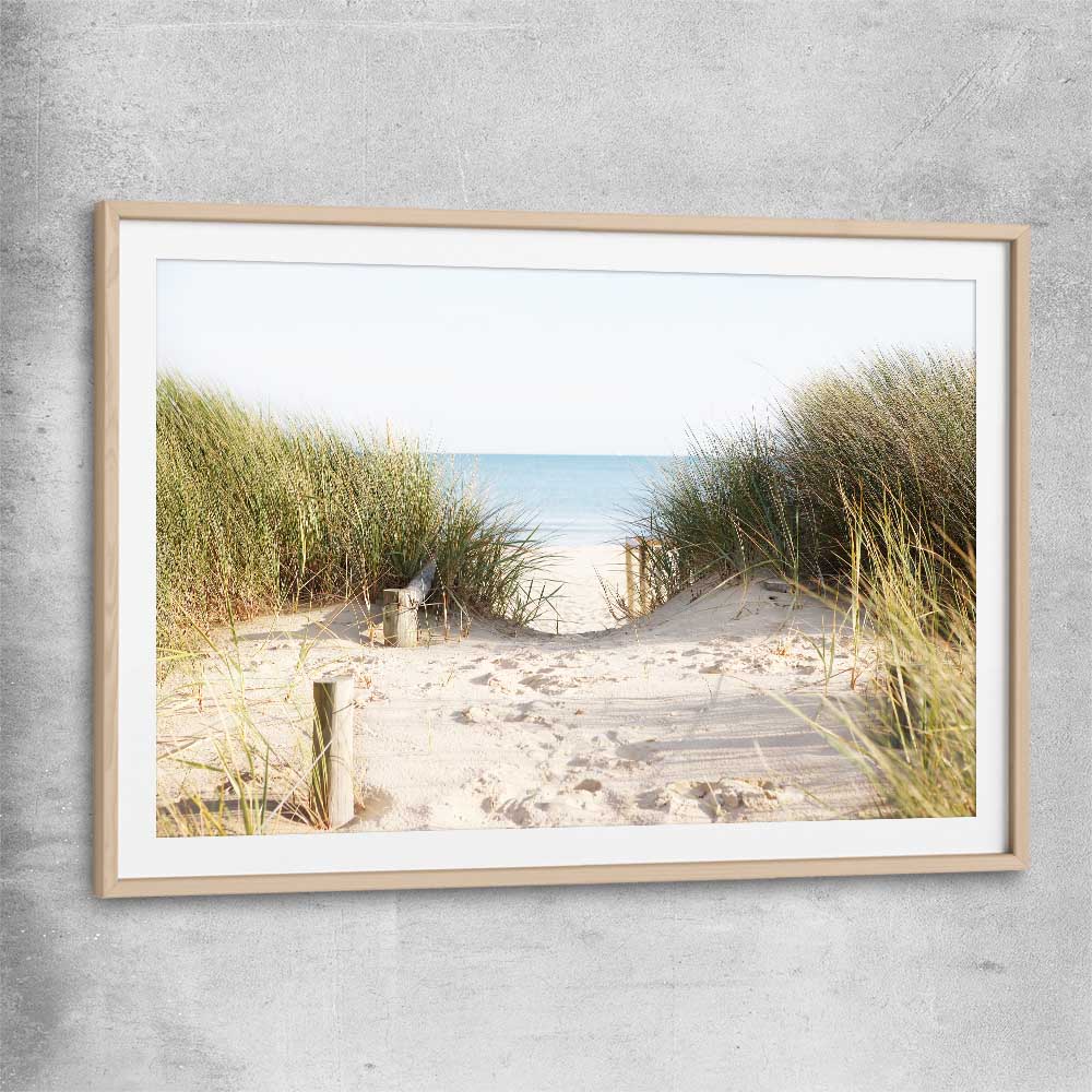 Beach and coastal wall art print of Beach Horizon with raw oak glass front frame