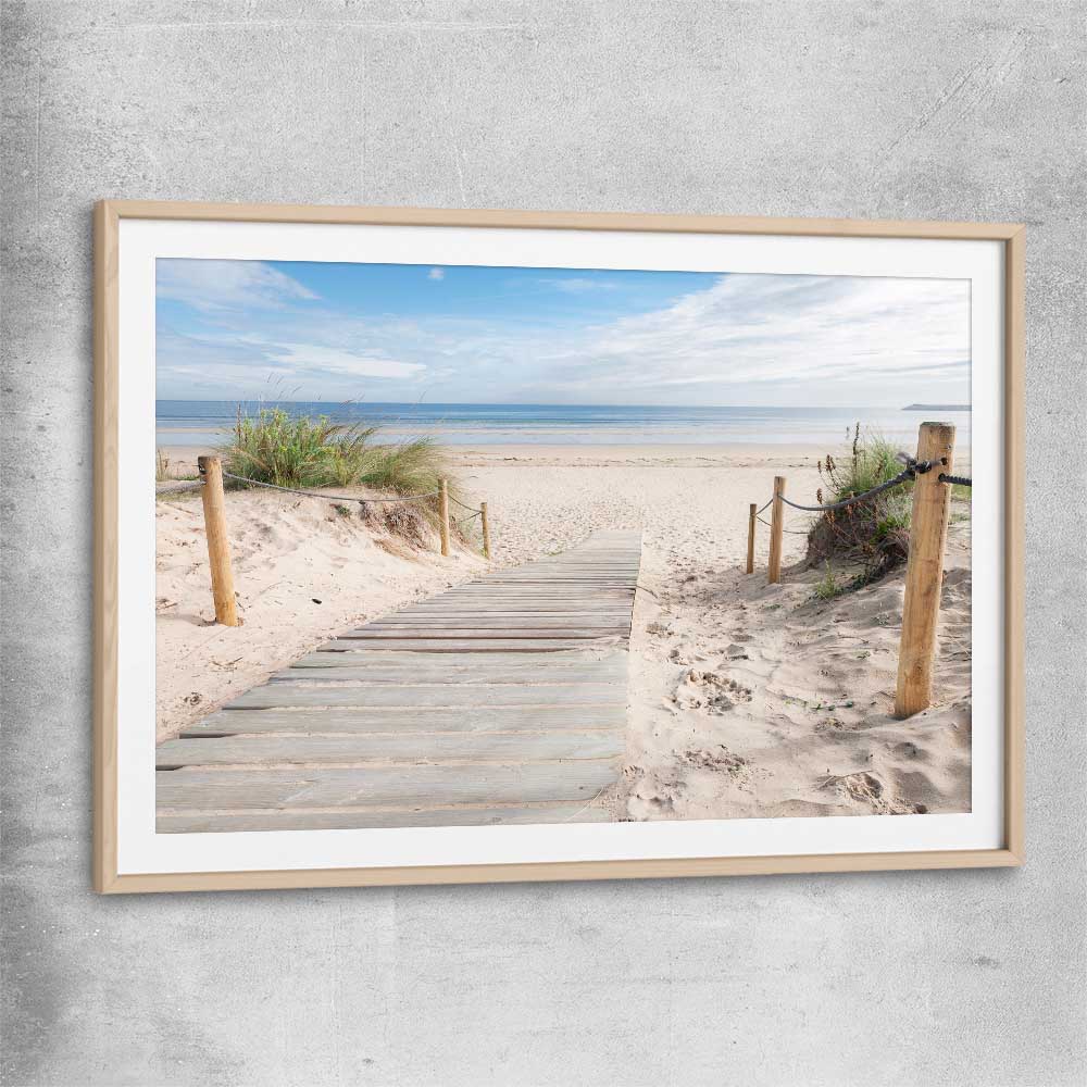 Beach and coastal wall art print of Beautiful Beach Path with raw oak glass front frame