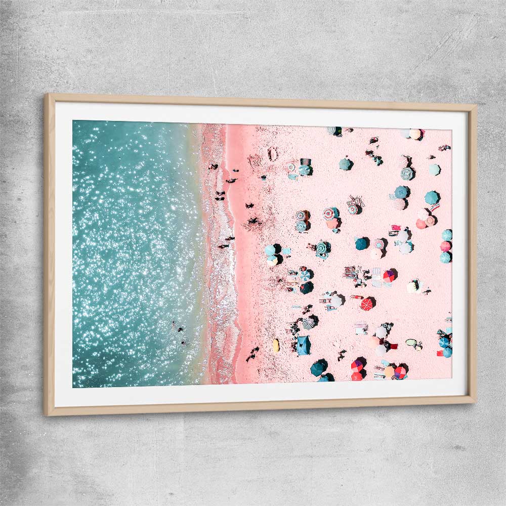 Beach and coastal wall art print of Bondi Pink Aerial with raw oak glass front frame