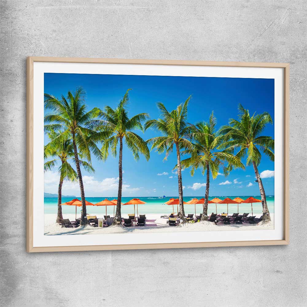 Beach and coastal wall art print of Boracay Paradise with raw oak glass front frame