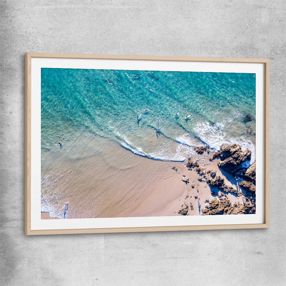 Beach and coastal wall art print of Byron Bay Rocks with raw oak glass front frame