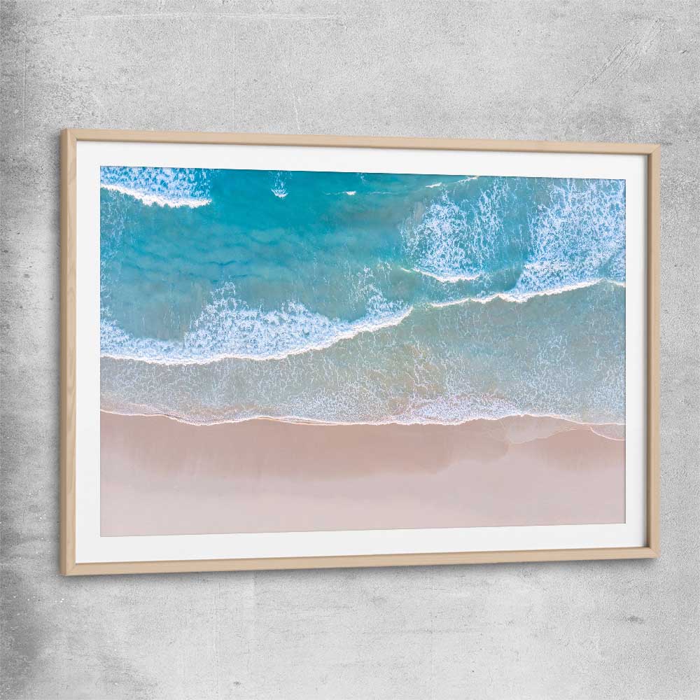 Beach and coastal wall art print of Calm Waves with raw oak glass front frame