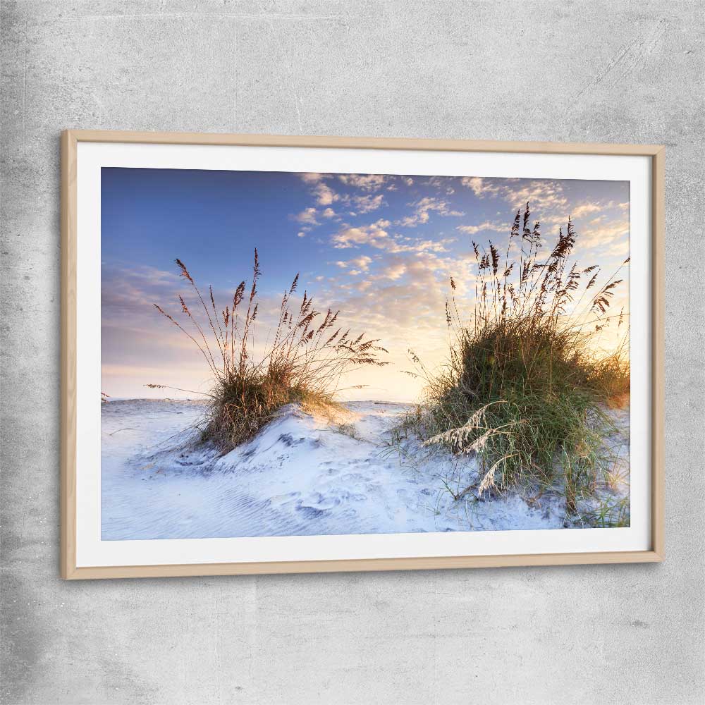 Beach and coastal wall art print of Coastal Sunrise with raw oak glass front frame