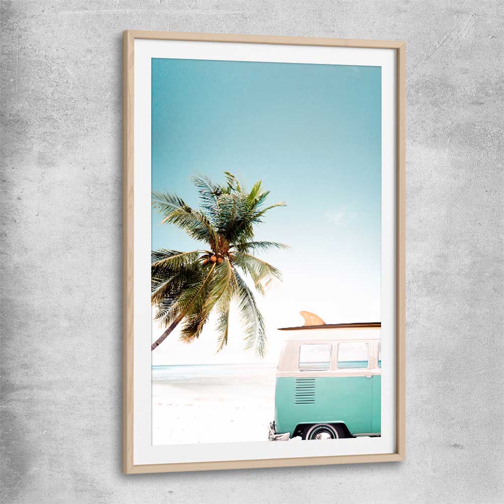 Beach and coastal wall art print of Combi Van Beach with raw oak glass front frame