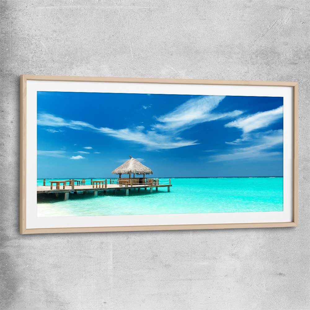 Beach and coastal wall art print of Exotic Beach Bar with raw oak glass front frame