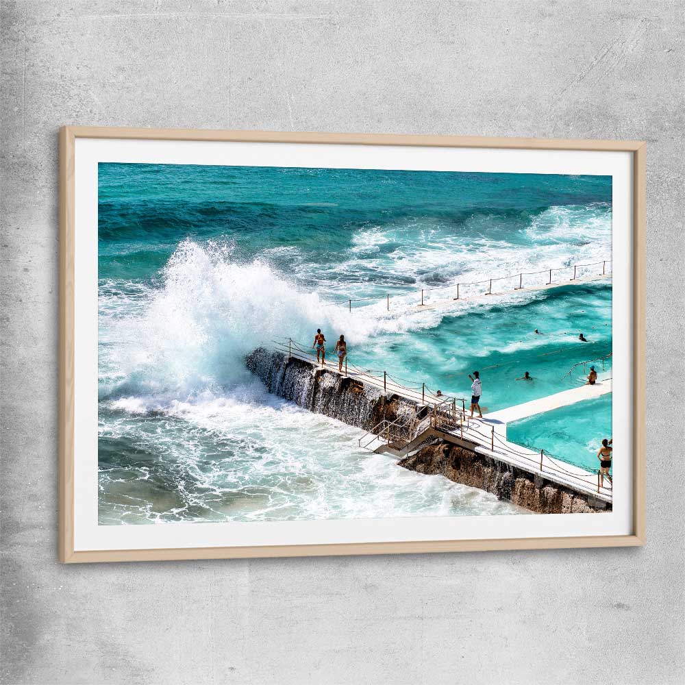 Beach and coastal wall art print of Freezing Icebergs with raw oak glass front frame