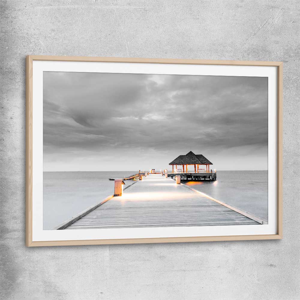 Beach and coastal wall art print of Malediven Storm with raw oak glass front frame