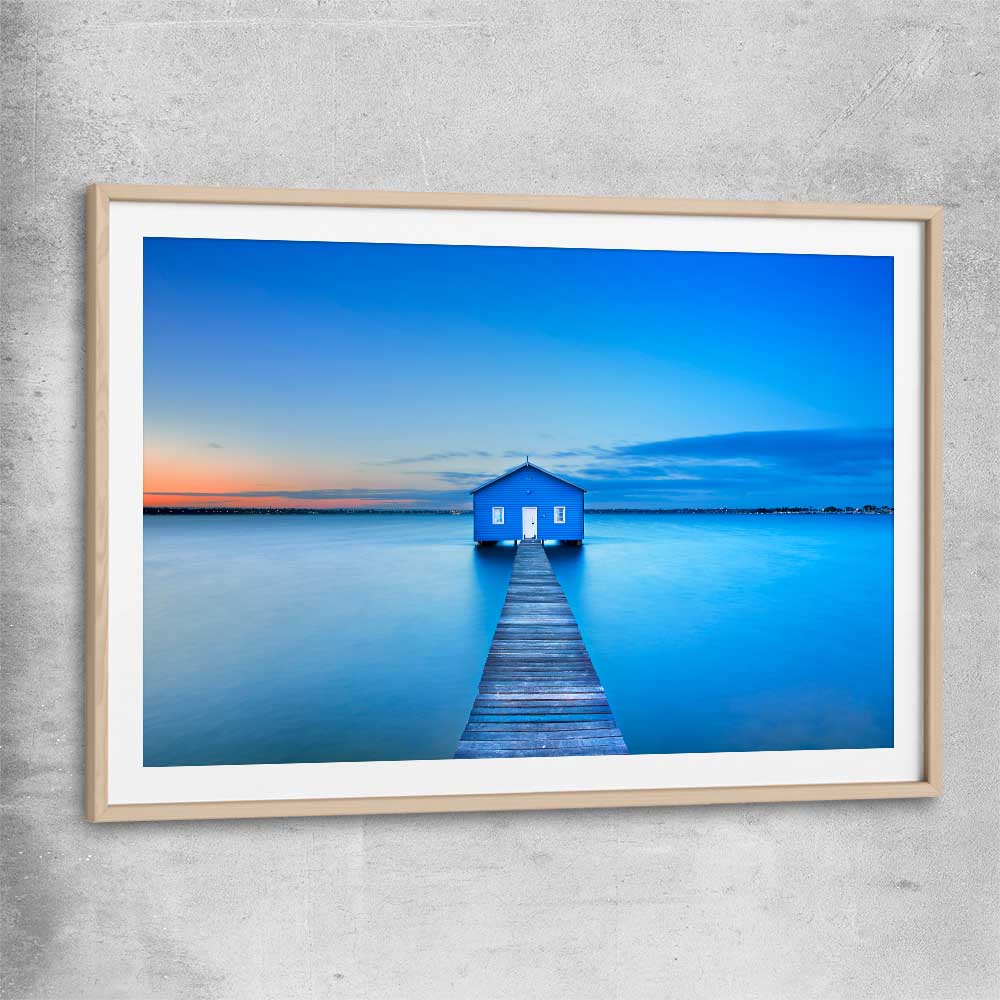 Beach and coastal wall art print of Matilda Bay Boathouse with raw oak glass front frame