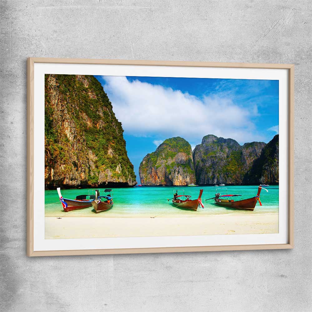 Beach and coastal wall art print of Maya Bay Beach with raw oak glass front frame