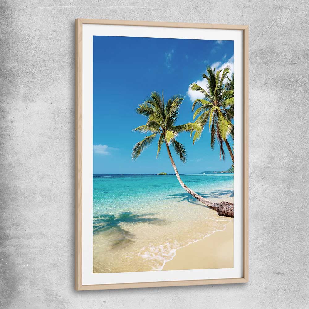 Beach and coastal wall art print of Paradise Palms with raw oak glass front frame