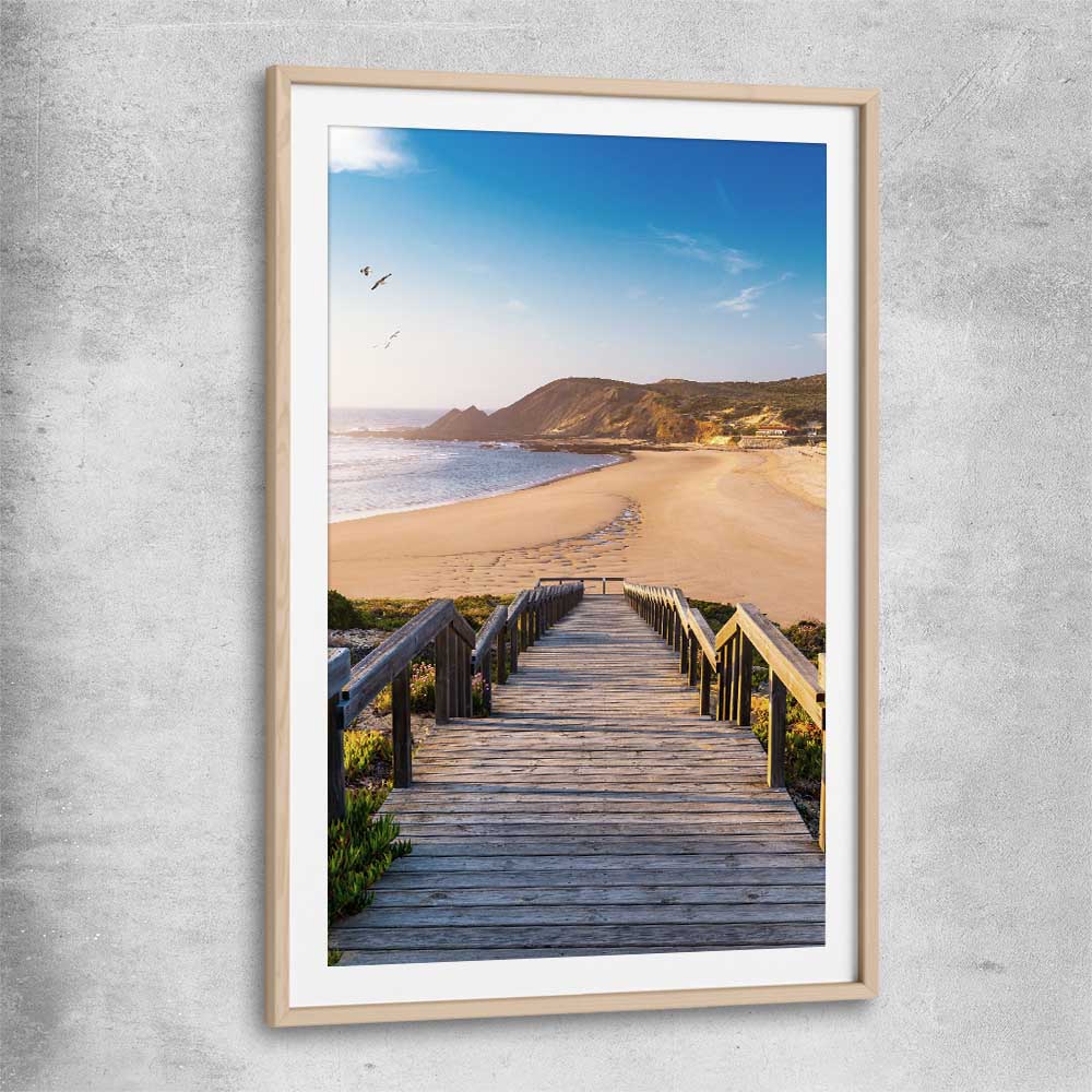 Beach and coastal wall art print of Paradise Walkway with raw oak glass front frame