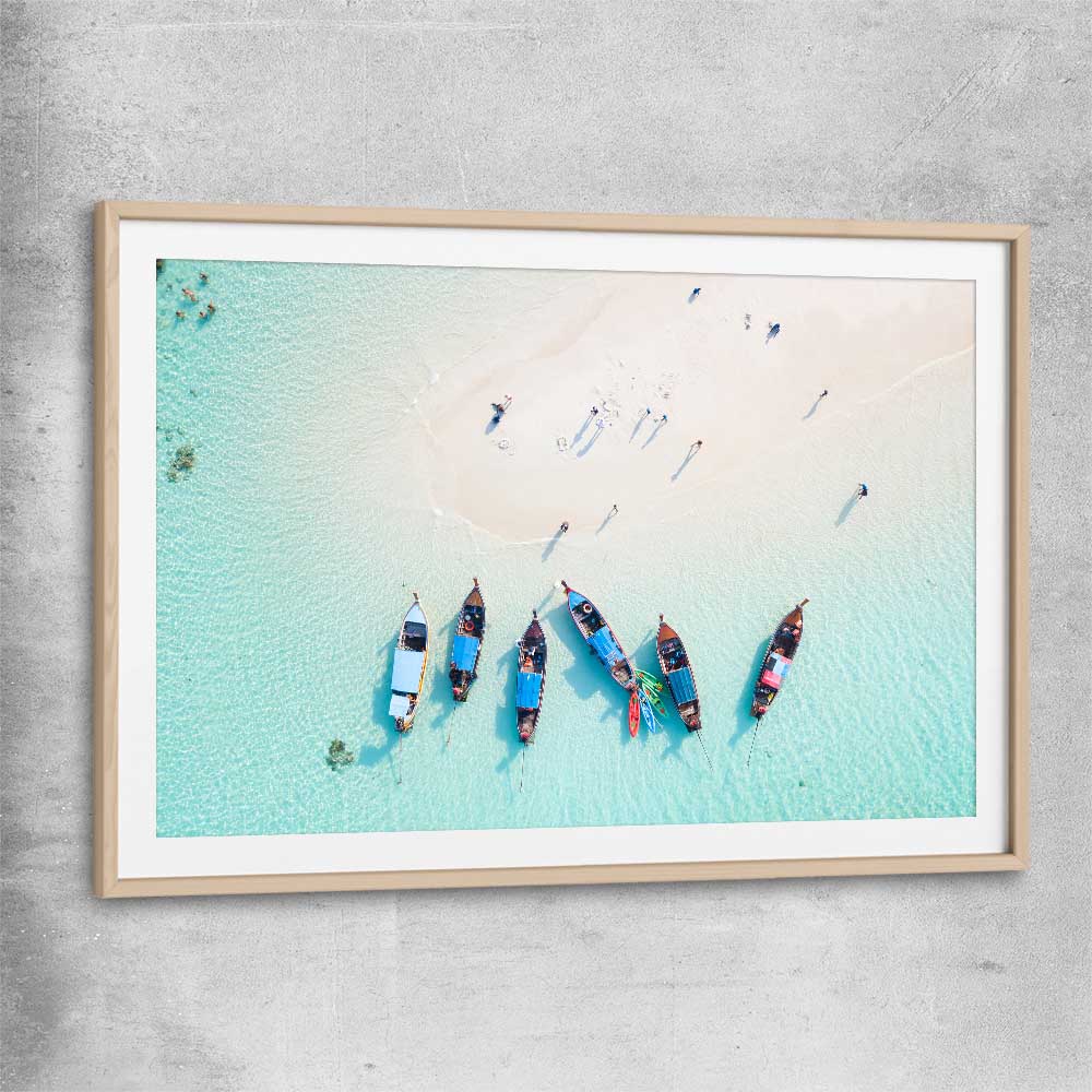 Beach and coastal wall art print of Phuket Aerial with raw oak glass front frame