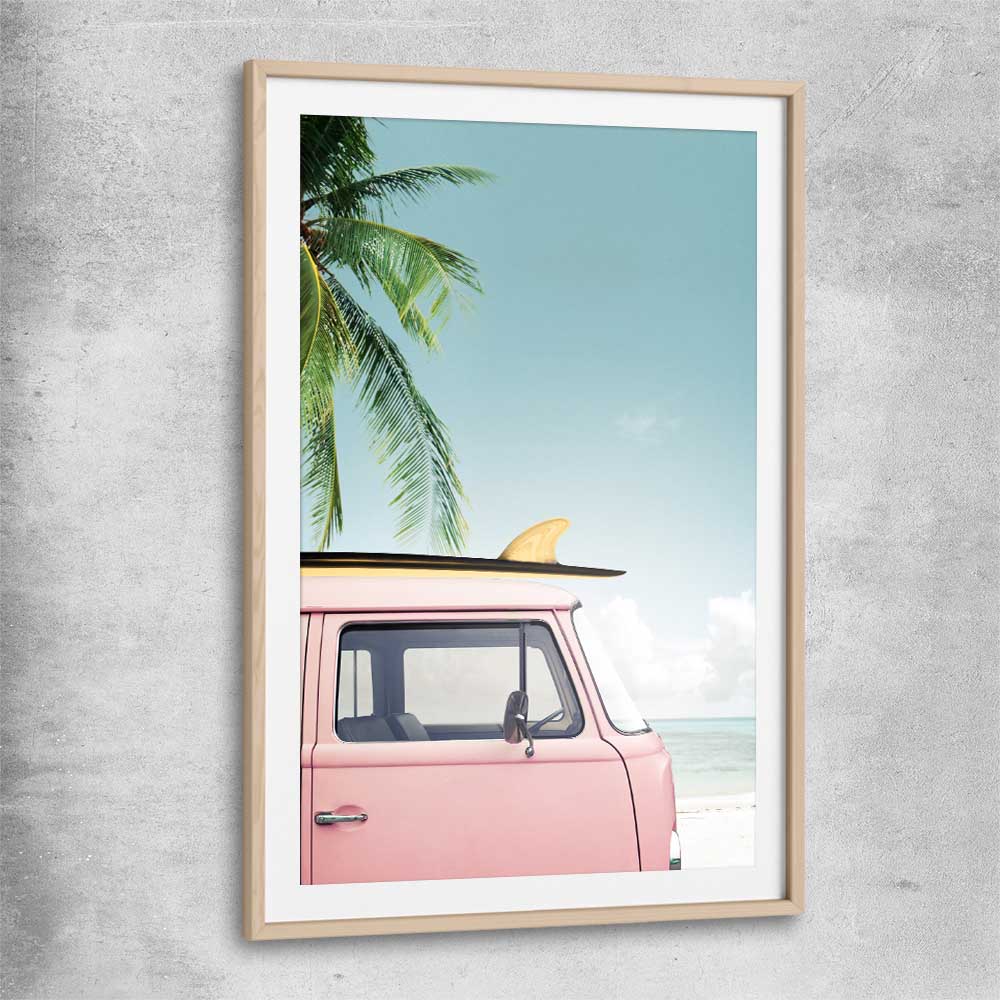 Beach and coastal wall art print of Pink Combi with raw oak glass front frame