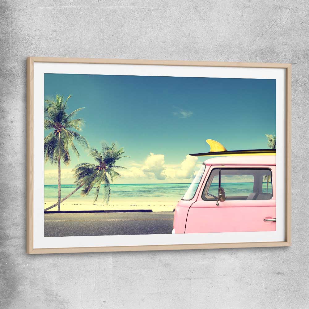 Beach and coastal wall art print of Pink Combi Surf with raw oak glass front frame