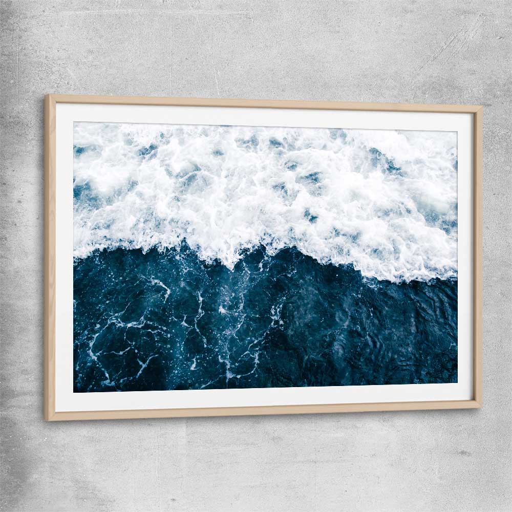 Beach and coastal wall art print of Refreshing Waves with raw oak glass front frame